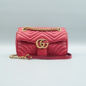 GUCCI GG Marmont Flap Red Leather Shoulder Bag